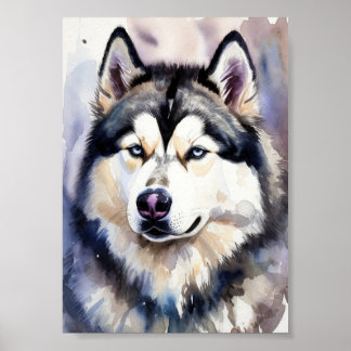 Póster Siberian Husky Portrait Watercolor Fine Art - Blue