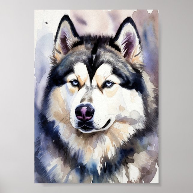 Póster Siberian Husky Portrait Watercolor Fine Art - Blue (Frente)