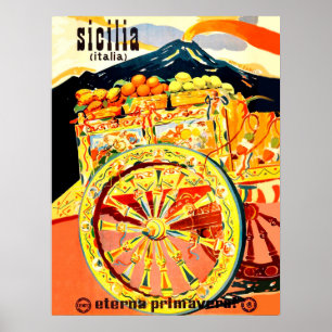 Póster Sicilia, Italia, carro lleno de frutas, vintage