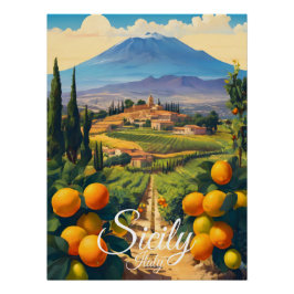 Póster Sicilia Italia Naranjal Campo Viaje