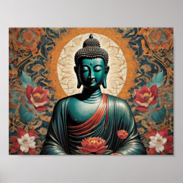 Póster Siddarta Gautama Buddha en meditación con flores
