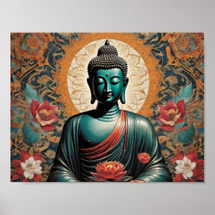 Póster Siddarta Gautama Buddha en meditación con flores