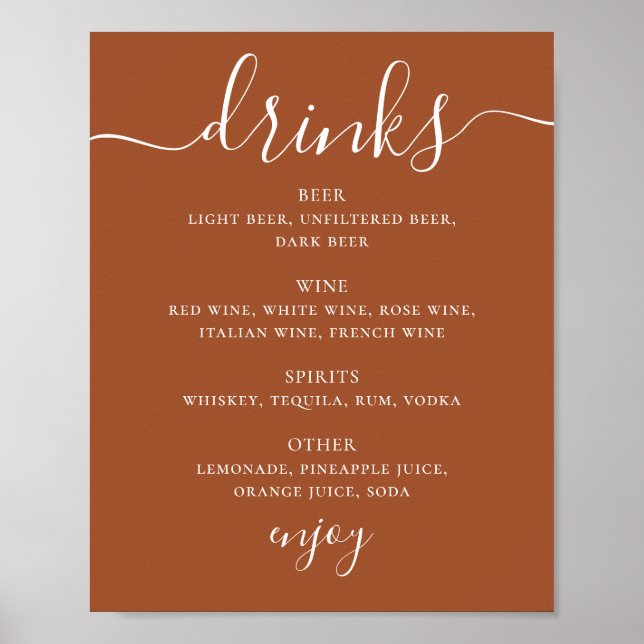 Póster Sienna Wedding Drinks Menu | Terracotta Bar Sign (Frente)