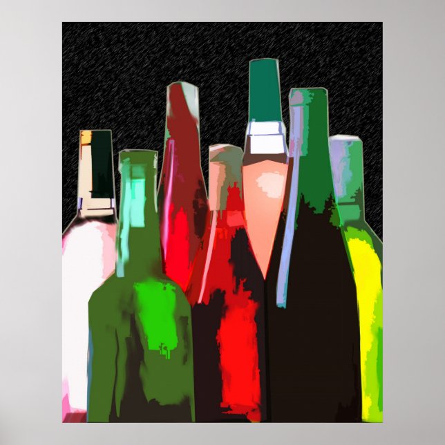 Póster Siete botellas de vino en la pared (Frente)