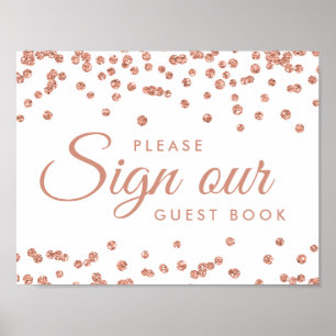 Póster Sign Guestbook Rose Gold Glitter Confetti White