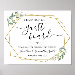 Póster Sign our Guest board wedding shower greenery gold