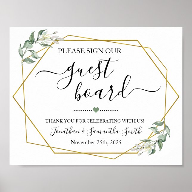 Póster Sign our Guest board wedding shower greenery gold (Frente)