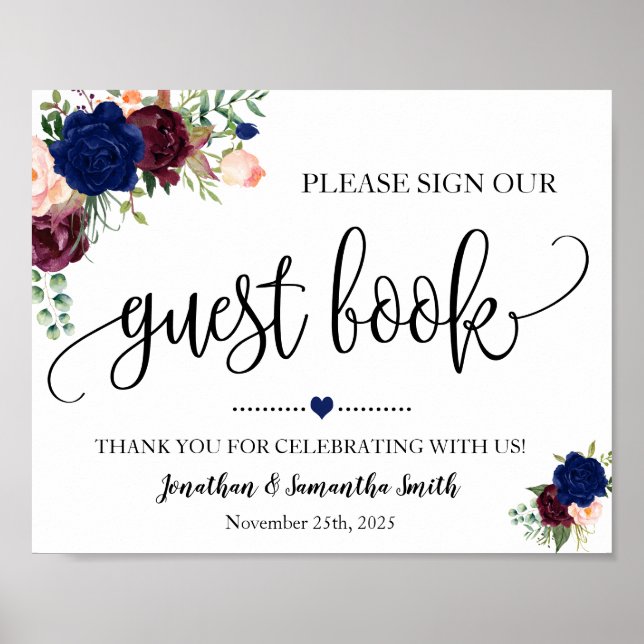 Póster Sign our Guest book wedding shower navy burgundy (Frente)