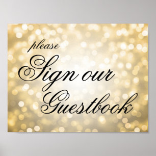 Póster Sign Our Wedding Guestbook Gold Bokeh Lights