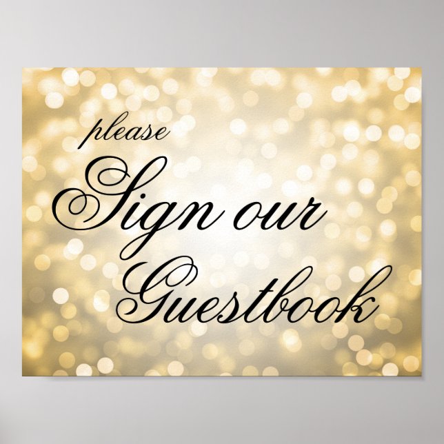 Póster Sign Our Wedding Guestbook Gold Bokeh Lights (Frente)