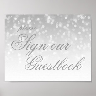 Póster Sign Our Wedding Guestbook Silver Bokeh Lights