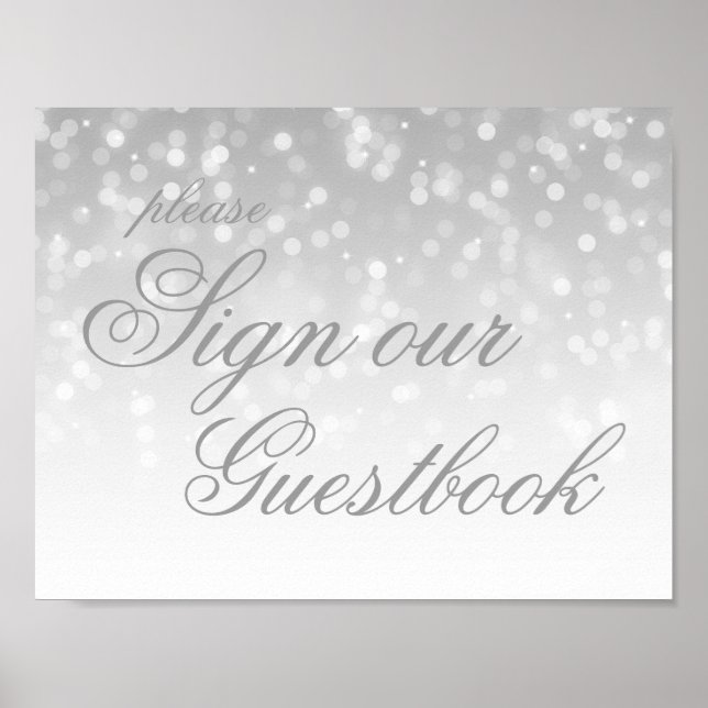 Póster Sign Our Wedding Guestbook Silver Bokeh Lights (Frente)