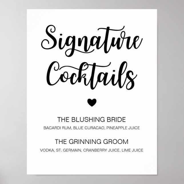 Póster Signature Cocktail Boda Rótulo caligrafía moderna (Frente)