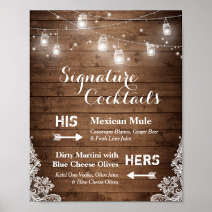 Póster Signature Cocktails Rustic String Lights Lace