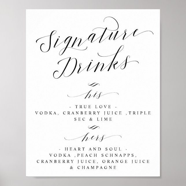 Póster Signature Drinks Cocktails Wedding Bar Menu Sign (Frente)