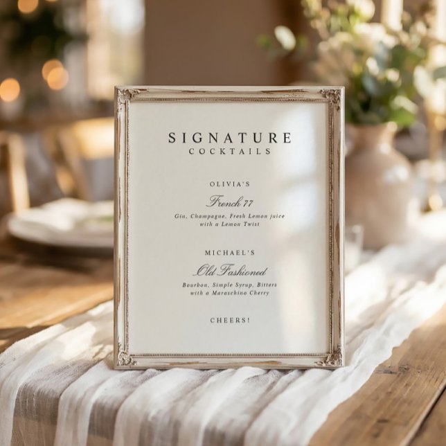 Póster Signature Drinks Elegant Simple Wedding Bar Sign (Elegant black and white signature drinks wedding sign with simple script and minimalist design)
