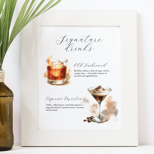 Póster Signature Drinks Signs | Watercolor Cocktails (Signature drinks signs designed with an espresso martini and old fashioned by Do Tell A Belle)