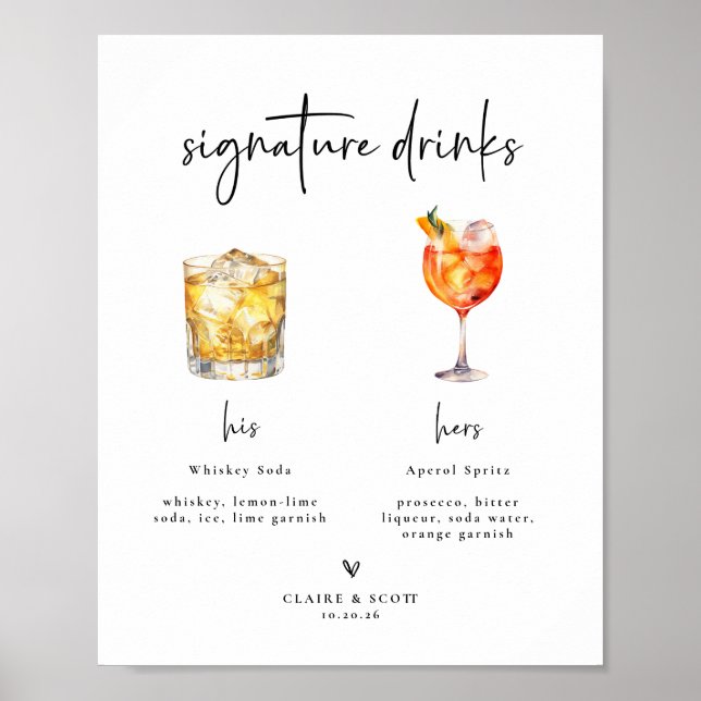 Póster Signature Drinks Wedding Bar Sign (Frente)