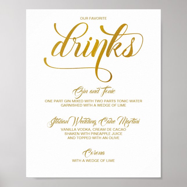 Póster Signature Drinks Wedding Sign - Gold Foil (Faux) (Frente)