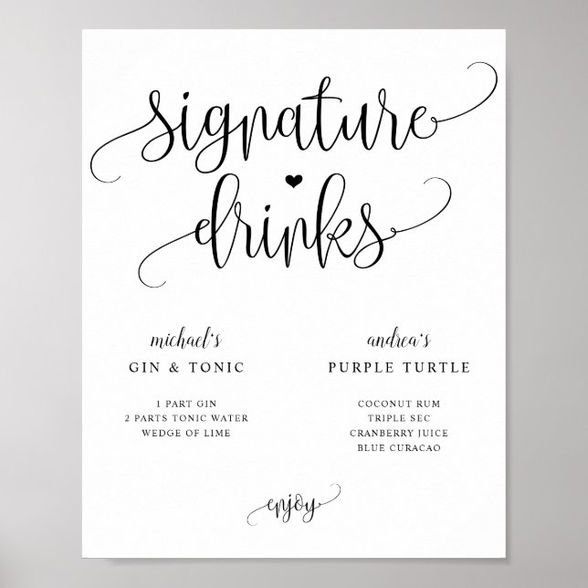 Póster Signature Drinks Wedding Sign Rustic Calligraphy (Frente)