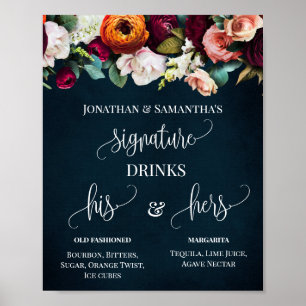 Póster Signature Drinks Wedding Wine Flowers Navy Sign
