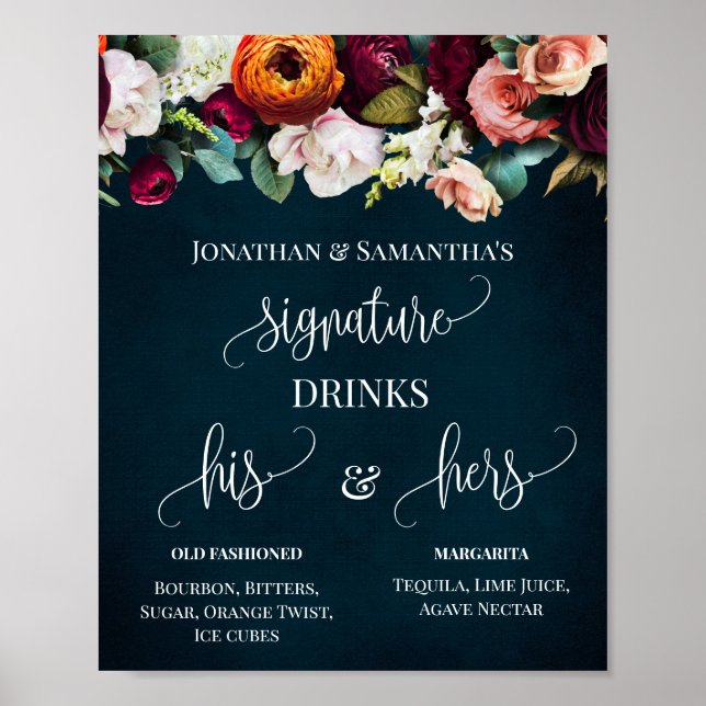 Póster Signature Drinks Wedding Wine Flowers Navy Sign (Frente)