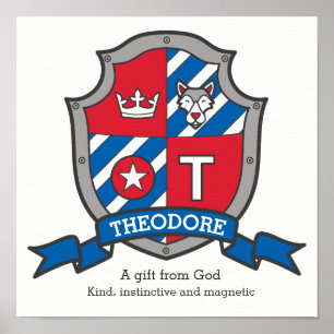 Póster Significado del nombre de niño Theodore heráldica 