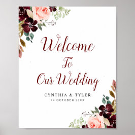 Póster signo boda de bienvenida con flores de color burde
