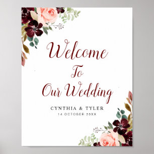 Póster signo boda de bienvenida con flores de color burde