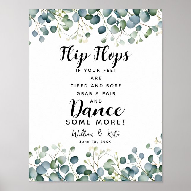 Póster signo boda del boda de follaje verde flip flops (Frente)