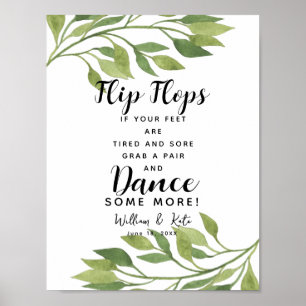 Póster signo boda del boda de follaje verde flip flops