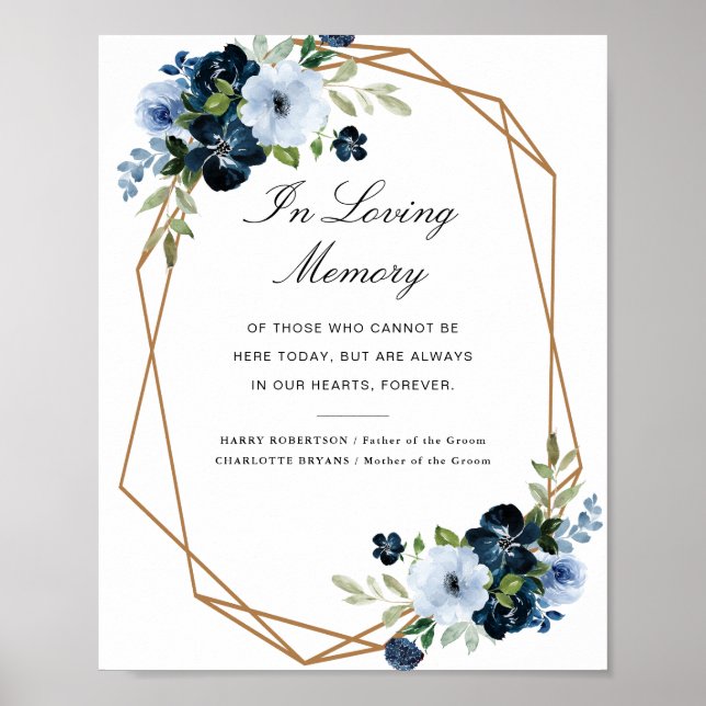 Póster signo conmemorativo de boda floral azul marino y a (Frente)