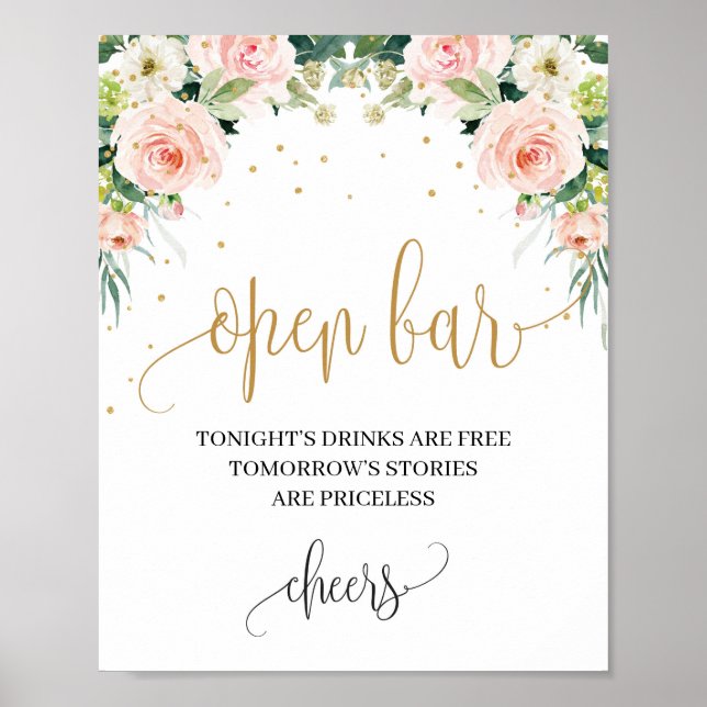 Póster Signo de bar abierto del boda de oro floral rosa b (Frente)
