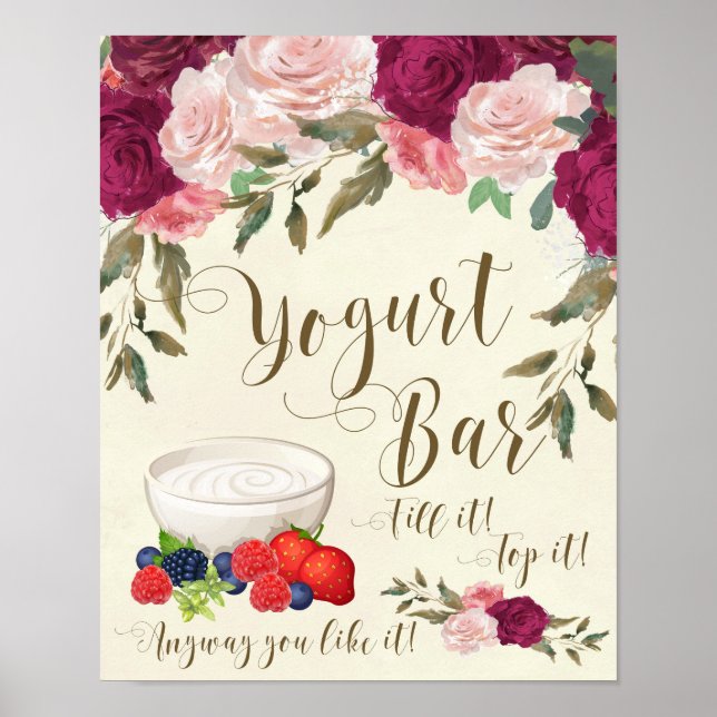 Póster signo de barra de yogur boda marfil rosa floral (Frente)