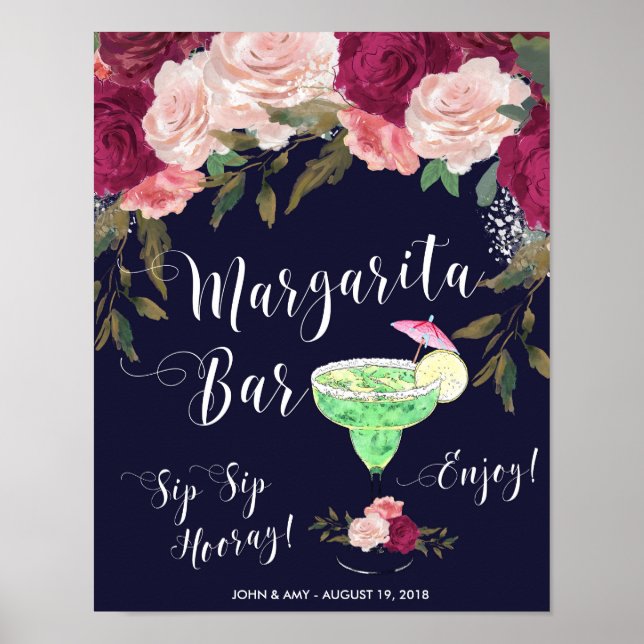 Póster signo de barra Margarita boda marina rosa floral (Frente)