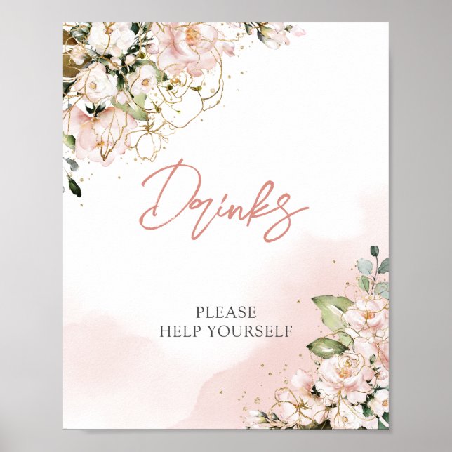 Póster Signo de bebidas boho floral de oro rosa rubí (Frente)