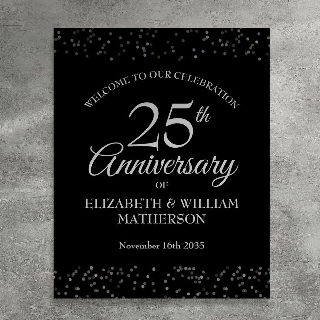 Póster Signo de bienvenida 25° Aniversario Plata Y Negro (25th Anniversary Silver And Black Welcome Sign)