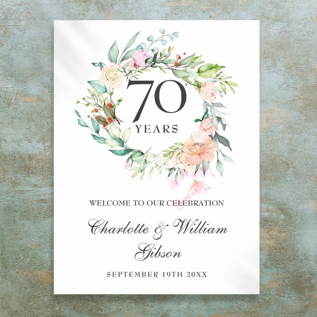 Póster Signo de bienvenida a 70º aniversario del Boda de  (Roses Floral 70th Wedding Anniversary Welcome Sign)