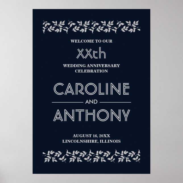 Póster Signo de bienvenida a la Boda Navy Blue Silver (Frente)