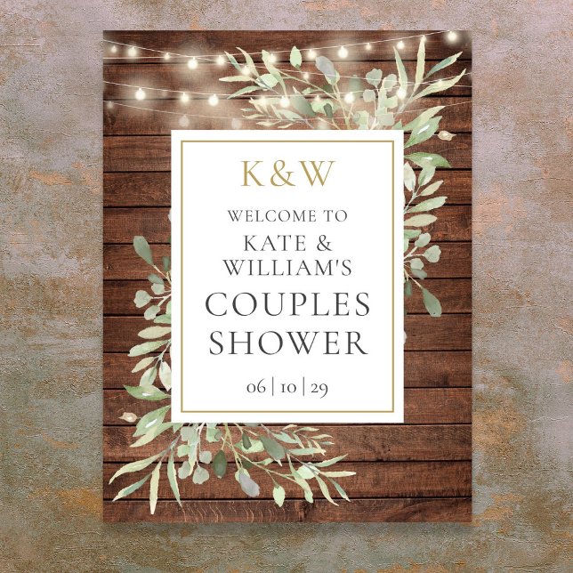 Póster Signo de bienvenida a la ducha de novia con un mon (Rustic Monogram Foliage Bridal Shower Welcome Sign)