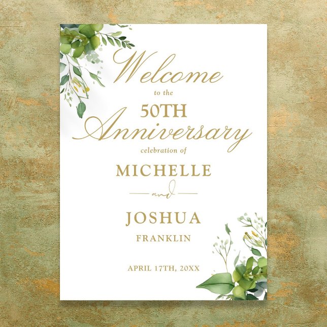 Póster Signo de bienvenida al 50° aniversario del Boda de (Greenery 50th Wedding Anniversary Welcome Sign)