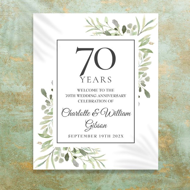 Póster Signo de bienvenida al 70º aniversario del Boda de (Greenery 70th Wedding Anniversary Welcome Sign)