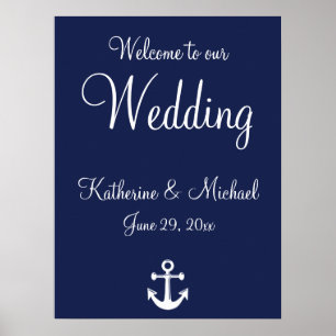 Póster Signo de bienvenida azul Boda con ancla