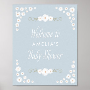 Póster Signo de bienvenida azul Boho Daisy Baby Shower