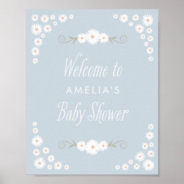 Póster Signo de bienvenida azul Boho Daisy Baby Shower (Frente)