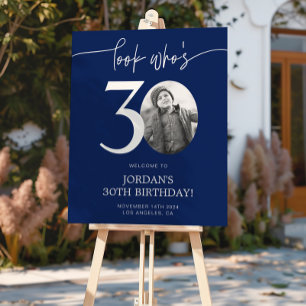 Póster Signo de bienvenida azul de cumpleaños 30   Mira q