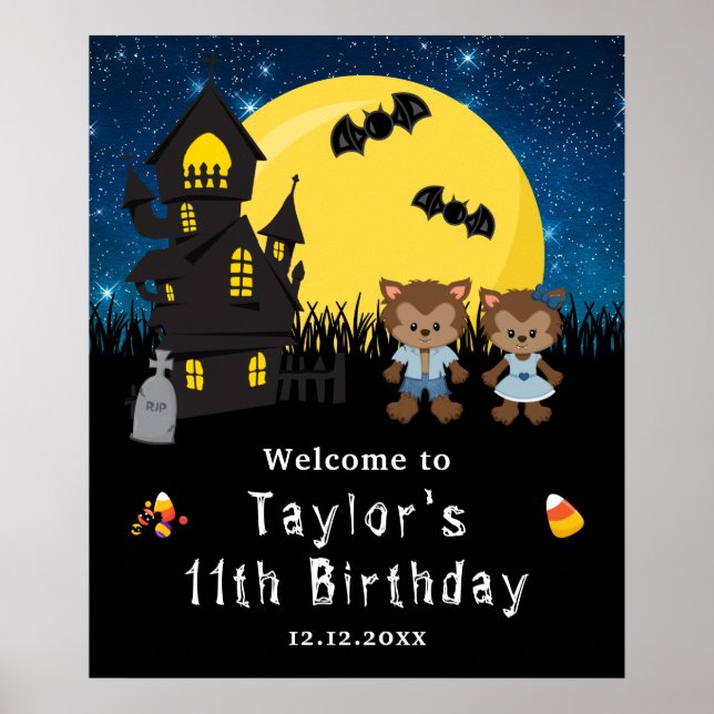 Póster Signo de bienvenida azul de cumpleaños de Hallowee (Frente)