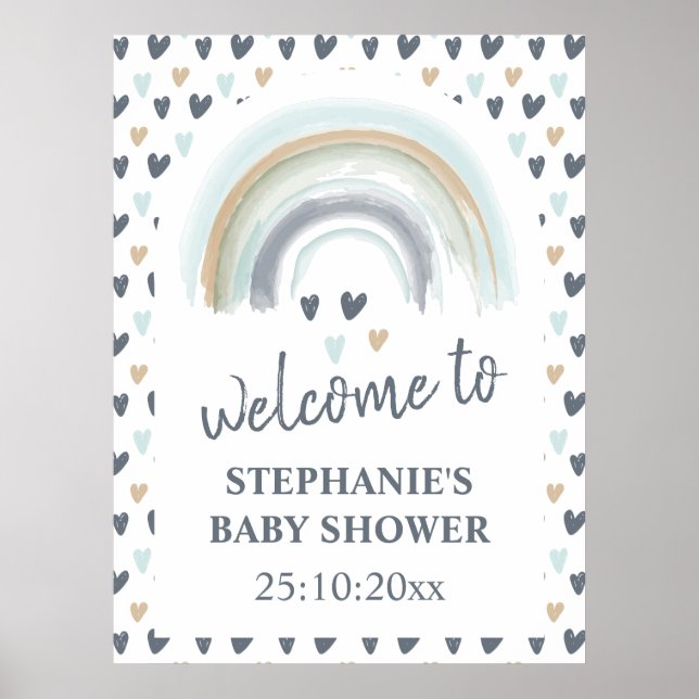 Póster Signo de bienvenida Baby Shower Blue Boho Rainbow (Frente)