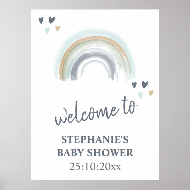 Póster Signo de bienvenida Baby Shower Blue Boho Rainbow (Frente)