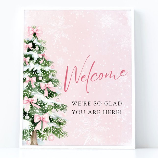 Póster Signo de bienvenida Baby Shower de árbol de navida (Pink Bows Christmas Tree Baby Shower Welcome Sign)